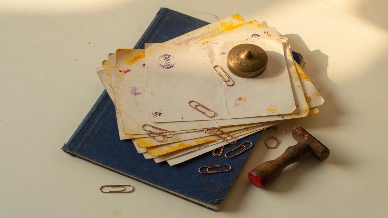Desk with ledgers and stamps